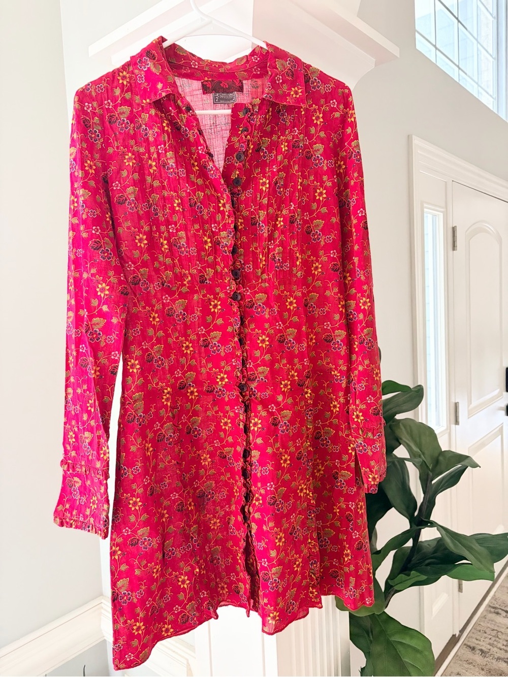 Free People Y2K Vintage Cottagecore Red Floral Long Sleeve Mini Tunic Dress